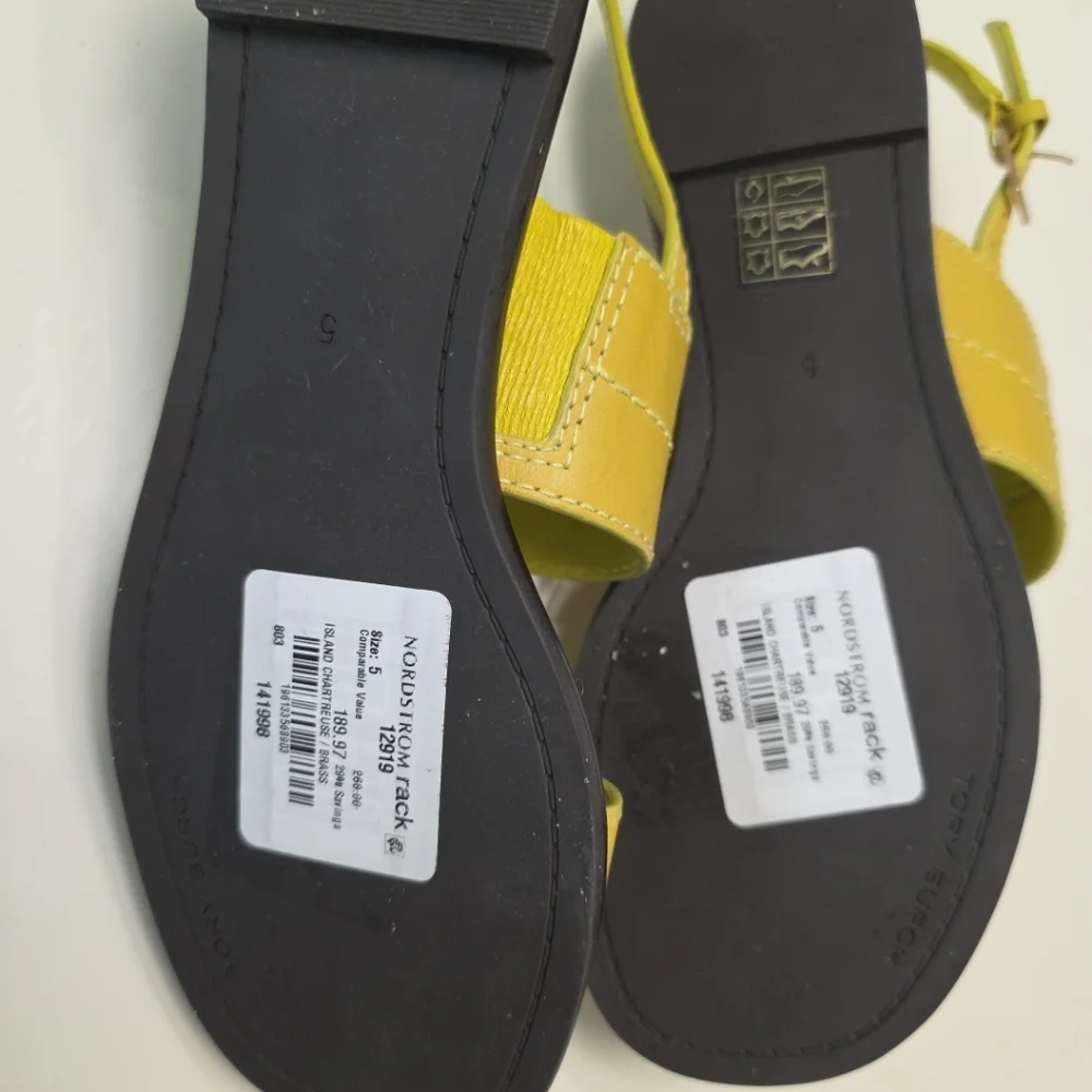 TORY BURCH Everly Double Strap Leather Flat Sandals in Island Chartreuse Size 5